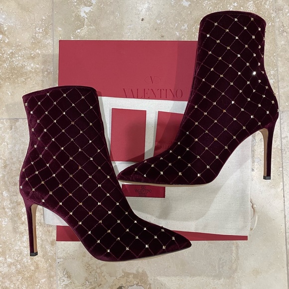 Valentino Shoes - Burgundy Rockstud Spike Velvet Ankle Boots